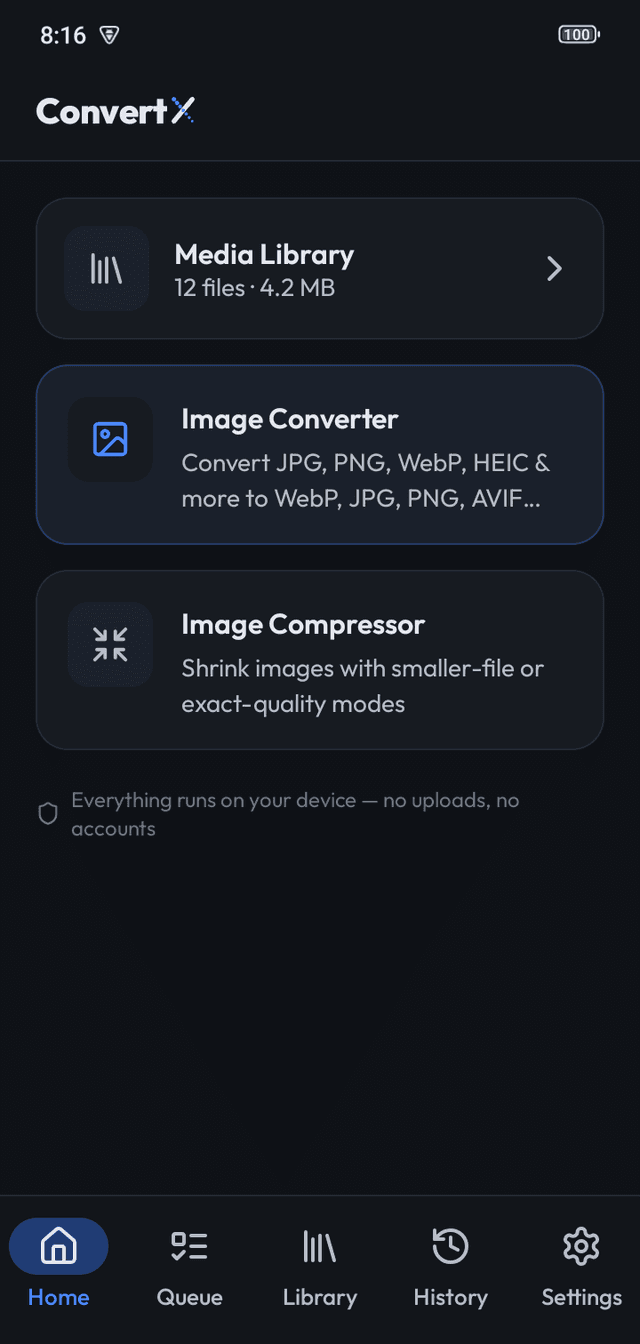 ConvertX Home screen on Android: Media Library, Image Converter and Image Compressor cards, and the note that everything runs on the device