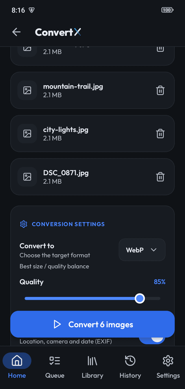 Image Converter with six photos selected and WebP chosen as the output format