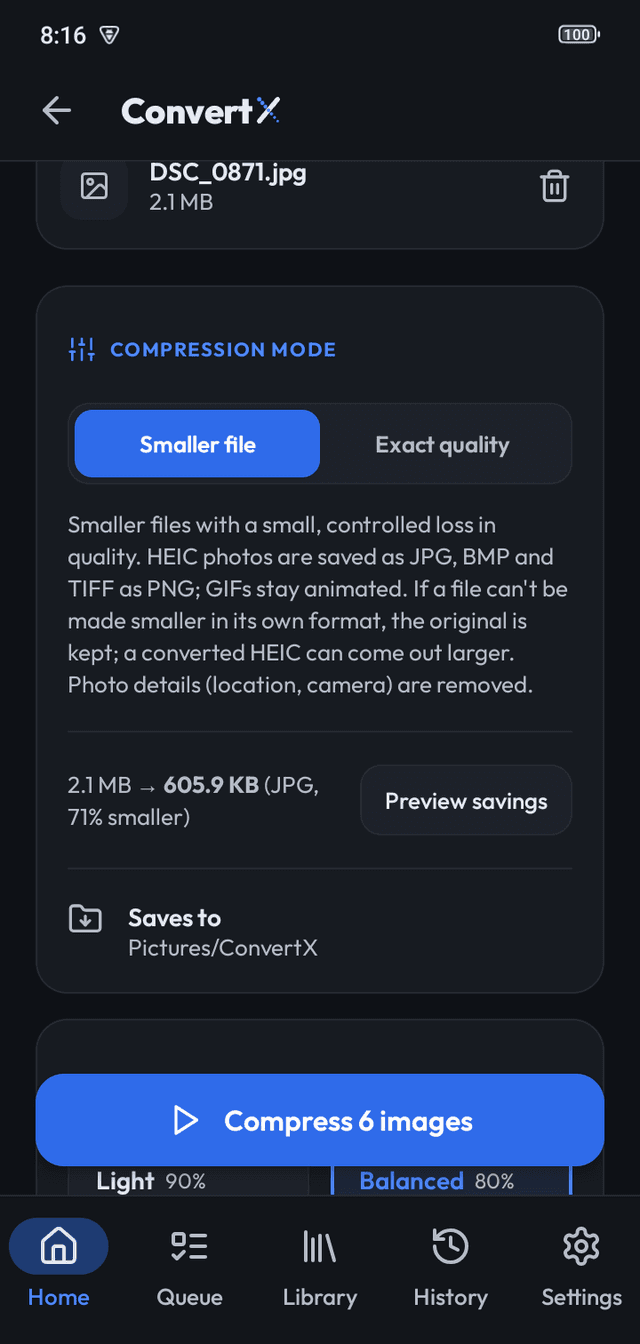 Image Compressor previewing savings: 2.1 MB down to 605.9 KB, 71% smaller
