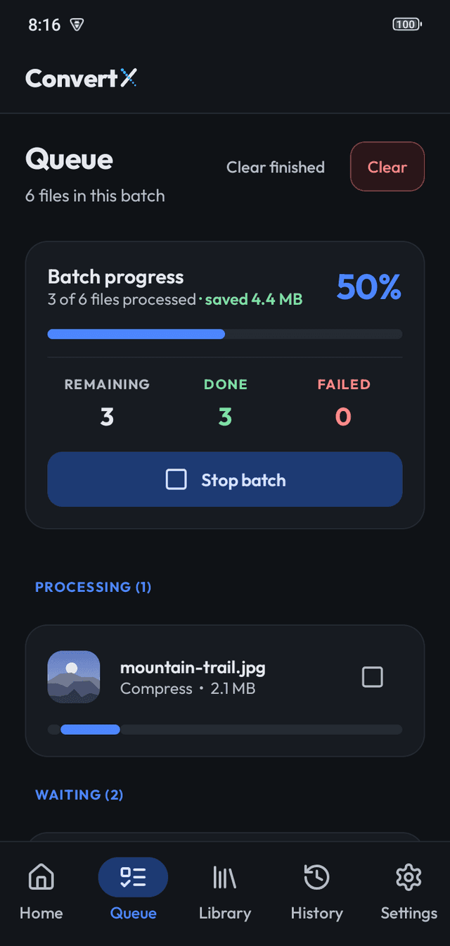 ConvertX queue on Android: batch at 50% with 4.4 MB saved, remaining, done and failed counts, the file being processed and the Stop batch button