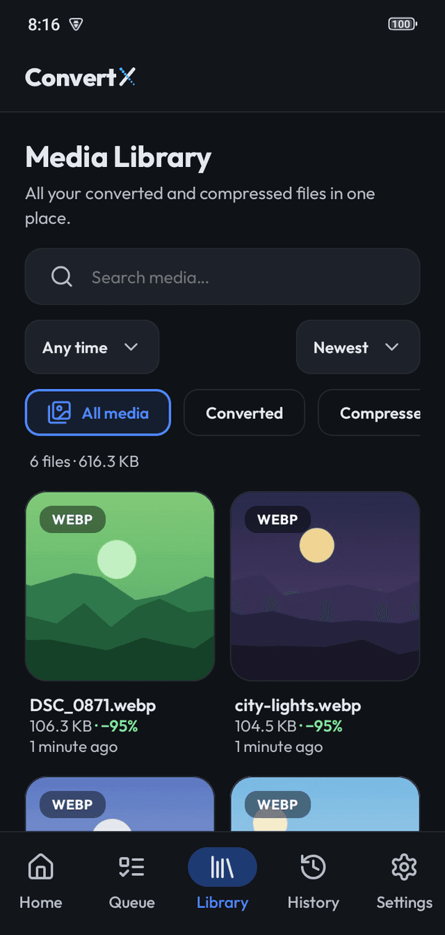 Media Library grid of converted WebP images, each about 95% smaller